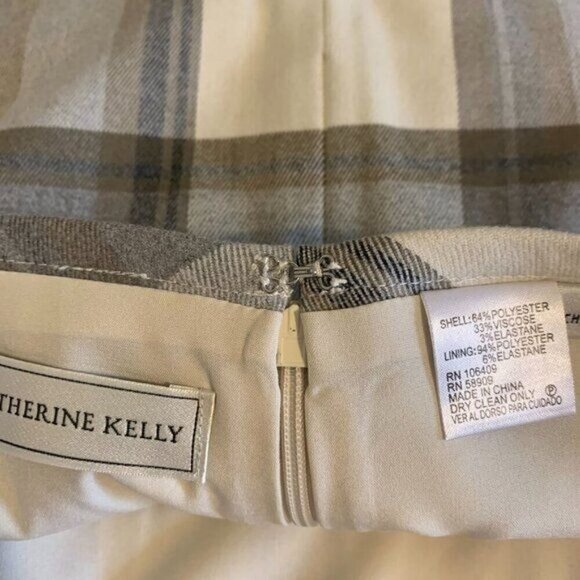 Katherine Kelly Plaid Pencil Skirt Womens Size 8 Gray Cream Lined Zip Back - Picture 8 of 11